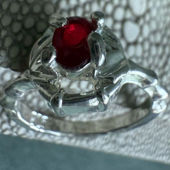 Silver Tone Ring with Bright Red Center Stone & Unique Textured Band - Picture 6 of 16